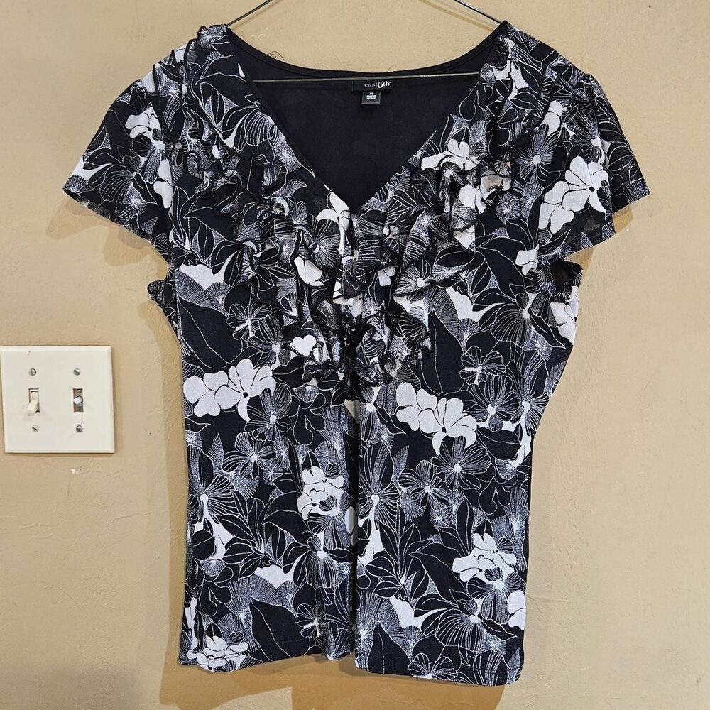 y2k fairy grunge black white floral micro mesh ruffle top